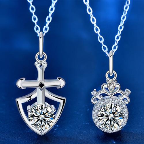 Plata de ley 925 Collares de pareja, con Moissanite, con 2inch extender cadena, chapado en platina real, diferentes estilos para la opción & para la pareja, longitud aproximado 15.7 Inch, Vendido por UD