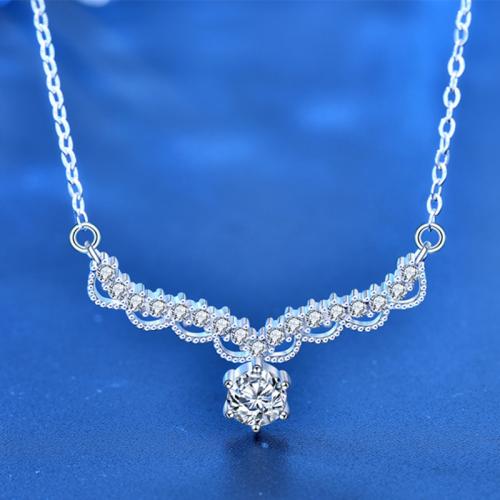 925 de prata esterlina colar, with Moissanite, with 2inch extender chain, Galhadas, platinado, para mulher, comprimento Aprox 15.7 inchaltura, vendido por PC