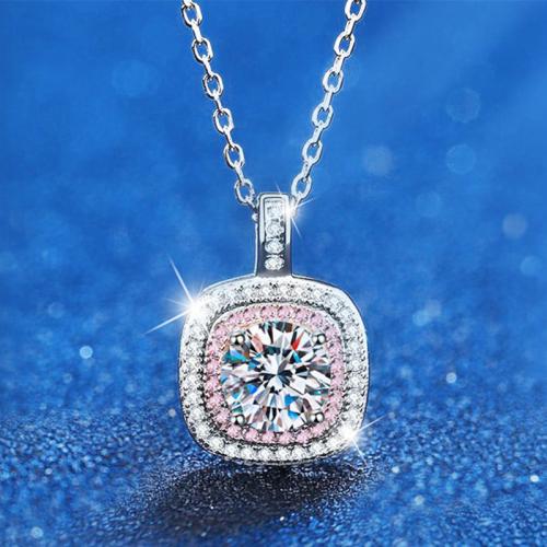 925 de prata esterlina colar, with Moissanite, with 2inch extender chain, Quadrado, joias de moda & para mulher, comprimento Aprox 15.7 inchaltura, vendido por PC