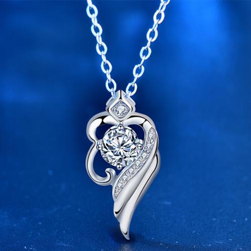 925 de prata esterlina colar, with Moissanite, with 2inch extender chain, asa do anjo, platinado, para mulher, comprimento Aprox 15.7 inchaltura, vendido por PC