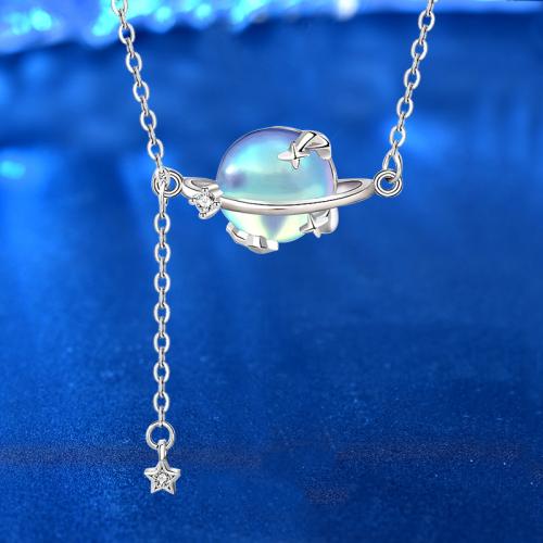 925 sterline d'argento collana, with Moonstone, with 2inch extender chain, placcato platino, per la donna, Lunghezza Appross. 15.7 pollice, Venduto da PC