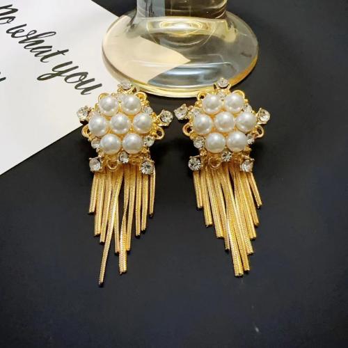 Fashion Fringe Oorbellen, Zinc Alloy, met Plastic Pearl, mode sieraden & voor vrouw, gouden, 56mm, Verkocht door pair