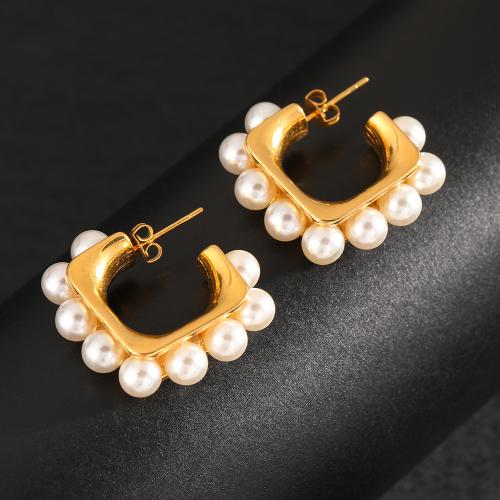 Roestvrij staal Stud Earrings, 304 roestvrij staal, met Plastic Pearl, mode sieraden & voor vrouw, gouden, 27x9mm, Verkocht door pair