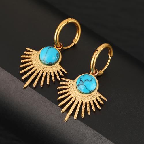 Boucle d’oreille goutte strass Hoop, Acier inoxydable 304, avec turquoise, bijoux de mode & pour femme, doré, 20x37mm, Vendu par paire