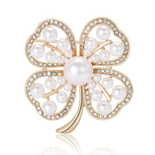 Zinc Alloy Brocher, med Plastic Pearl, Four Leaf Clover, forgyldt, for kvinde & med rhinestone, flere farver til valg, nikkel, bly & cadmium fri, 37x35mm, Solgt af PC