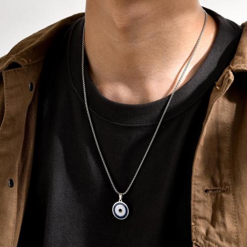 Collier d'acier titane, Rond, Placage de couleur argentée, motif de mauvais œil & pour homme & émail, Longueur 60 cm, Vendu par PC