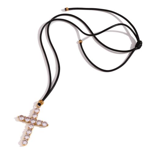 Collier de bijoux en acier inoxydable, acier inoxydable 316L, avec cuir PU, croix, pavé de micro zircon & pour femme, doré, Vendu par PC