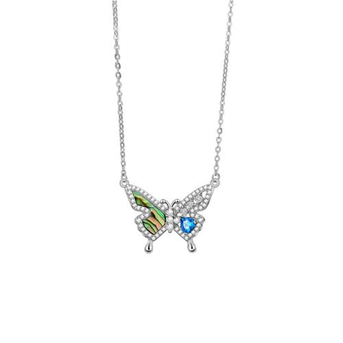 Zircon cubique Micro Pave collier en argent Sterling, argent sterling 925, avec coquille d'ormeau, avec 5CM chaînes de rallonge, papillon, pavé de micro zircon & pour femme, argent, Longueur Environ 46 cm, Vendu par PC