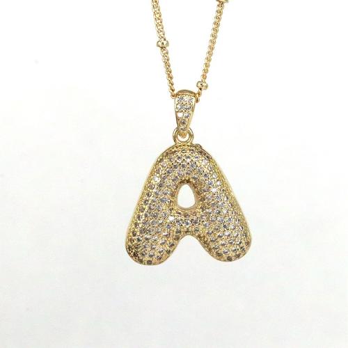 Kubieke Zirkoon Micro Pave Brass Ketting, Messing, met Zinc Alloy, plated, brieven zijn van A tot Z & verschillende stijlen voor de keuze & micro pave zirconia & voor vrouw, gouden, Lengte Ca 45 cm, Verkocht door PC