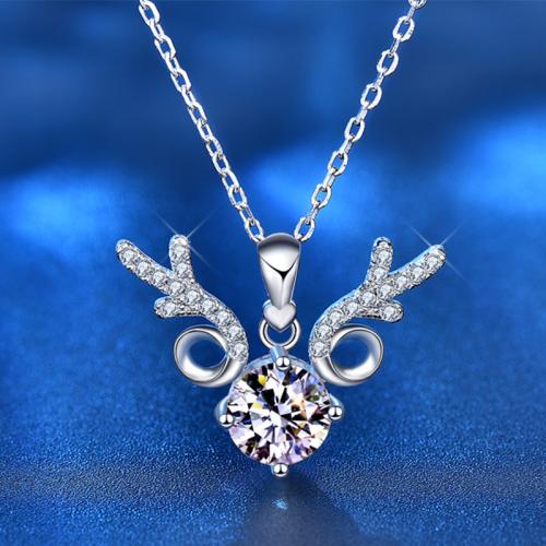 925 de prata esterlina colar, with Moissanite, with 2inch extender chain, Galhadas, platinado, Design de Natal & para mulher, comprimento Aprox 15.7 inchaltura, vendido por PC