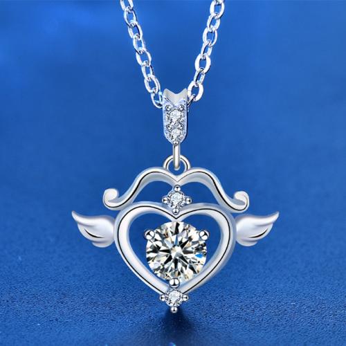 925 Sterling Sølv Halskæde, med Moissanite (Moissanite), med 2inch extender kæde, Winged Heart, platineret, for kvinde & hule, Længde Ca. 15.7 inch, Solgt af PC