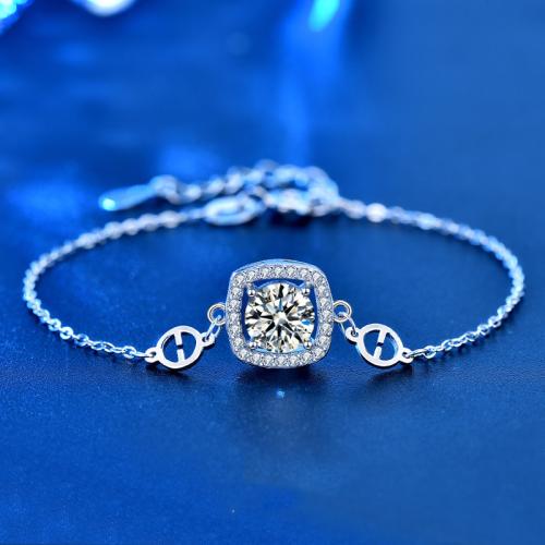 925 de prata esterlina pulseira, with Moissanite, with 1.2inch extender chain, Quadrado, platinado, joias de moda & para mulher, comprimento Aprox 5.9 inchaltura, vendido por PC