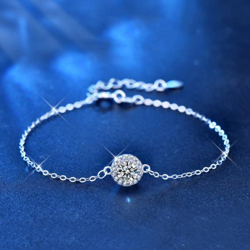 Plata de ley 925 Pulsera, con Moissanite, con 1.2inch extender cadena, Esférico, chapado en platina real, Joyería & diverso tamaño para la opción & para mujer, longitud aproximado 6.3 Inch, Vendido por UD