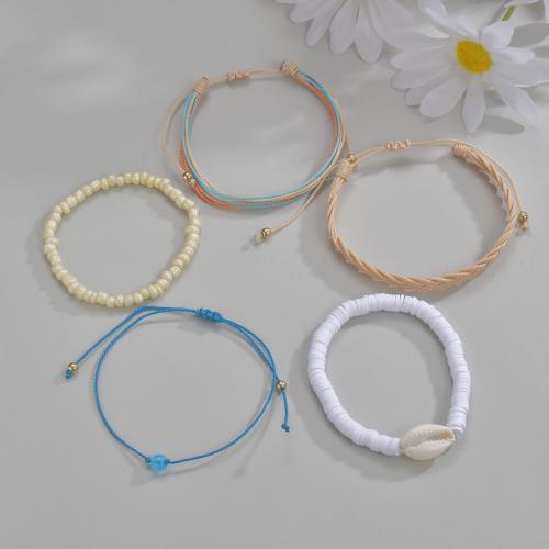 Bracelet bijoux coquillage, argile de polymère, avec corde de coton & coquille, 5 pièces & bijoux de mode & élastique & pour femme, Vendu par fixé