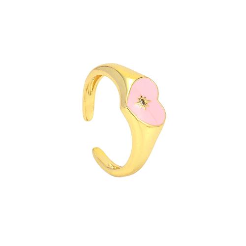 Cubic Zircon Messing fingerring, med Cubic Zirconia, Heart, guldfarve belagt, Justerbar & mode smykker & for kvinde & emalje, flere farver til valg, nikkel, bly & cadmium fri, Indvendig diameter:Ca. 17mm, Solgt af PC