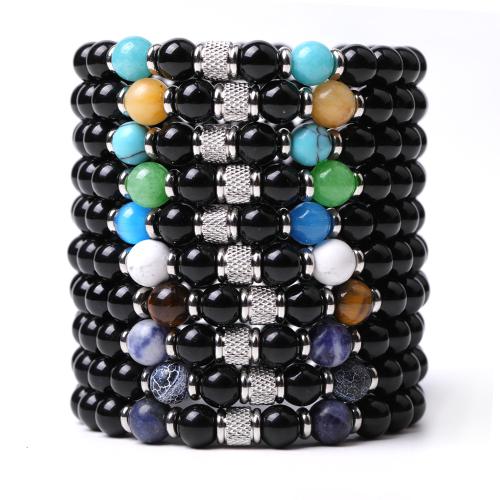 Gemstone Bracciali, pietra nera, with filo elastico & pietra preziosa & 304 acciaio inox, fatto a mano, gioielli di moda & materiali diversi per la scelta & unisex, Lunghezza 18.5-19 cm, Venduto da PC