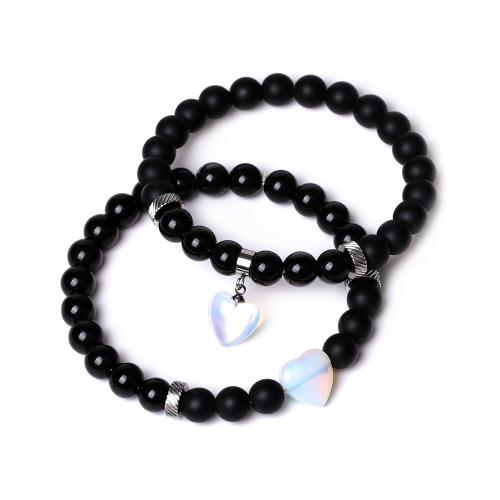 Gemstone Bracelets Black Stone with Elastic Thread & Gemstone & 304 Stainless Steel handmade 2 pieces & fashion jewelry & Unisex Sold By Set