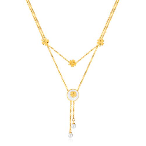 Colar de aço titânio, Partículas de aço, with Concha de resina, with 5.5CM extender chain, banhado, para mulher, dourado, comprimento Aprox 40 cm, vendido por PC