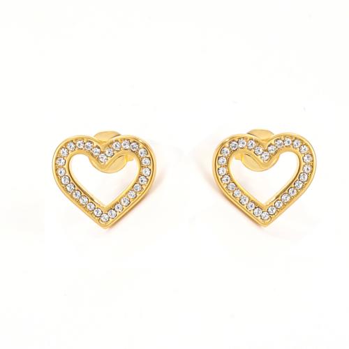 304 rustfrit stål Stud Earring, Heart, guldfarve belagt, for kvinde & med rhinestone & hule, flere farver til valg, 14.70x13.30mm, Solgt af par