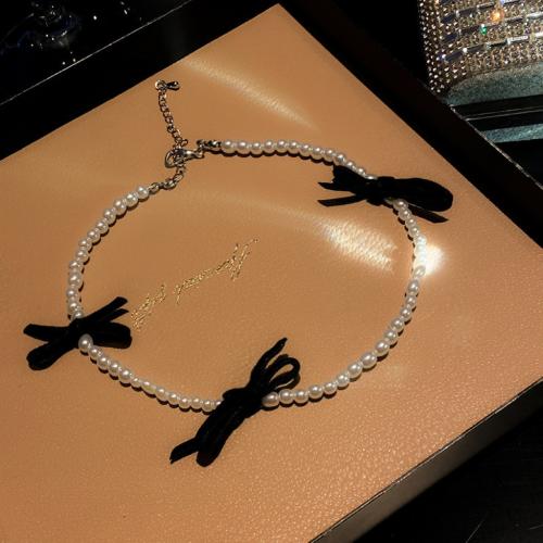 Fashion Choker Necklace Zinc Alloy with Velveteen & Plastic Pearl with 5cm extender chain fashion jewelry & for woman white Length Approx 32 cm Sold By PC