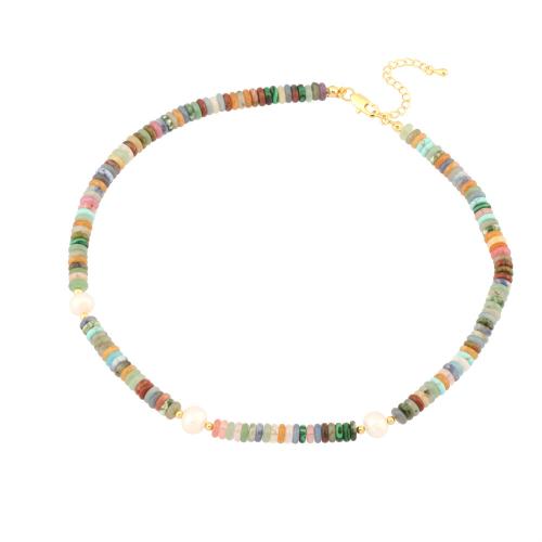 Gemstone Jewelry karoliai, Brangakmenis, su Gėlo vandens perlų & Žalvarinis, su 5cm Extender grandinės, aukso spalva padengtas, Bižuterijos & moters, multi-colored, Ilgis Apytiksliai 40 cm, Pardavė PC