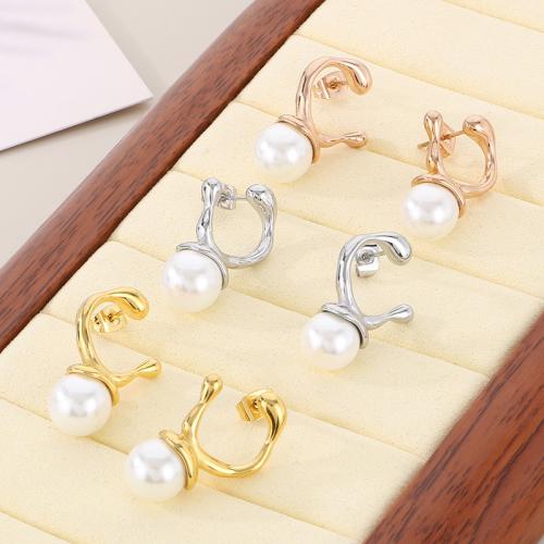 Stainless Steel Drop Earring 304 Stainless Steel with Plastic Pearl Vacuum Ion Plating for woman Sold By Pair