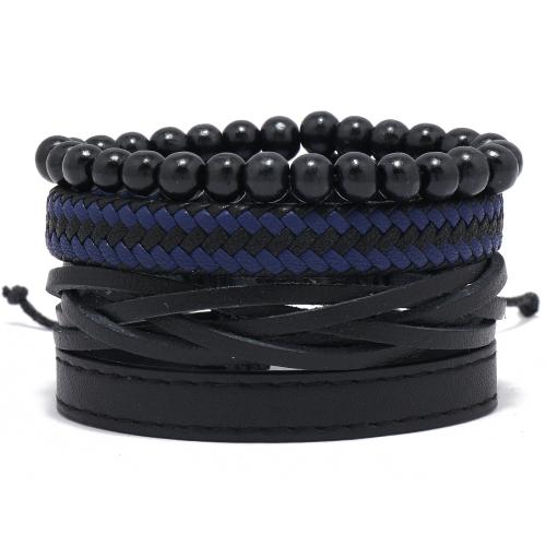 PU cavo bracciali, with corda di cera & legno, fatto a mano, 4 pezzi & gioielli di moda & per l'uomo, Inner diameter :5.5-7cm, Venduto da set