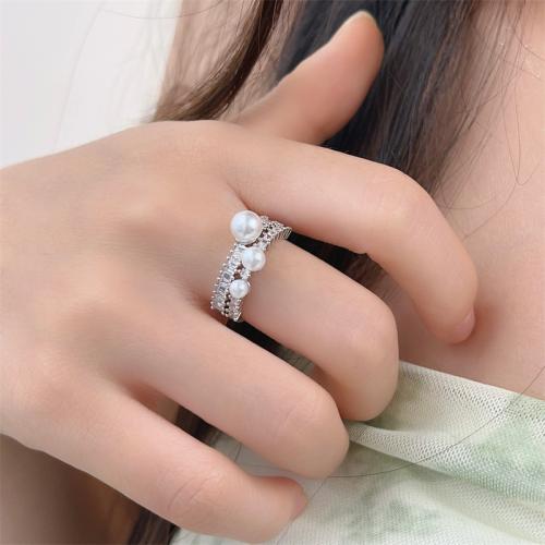 Cúbicos Circonia Micro Pave anillo de latón, metal, con Perlas de vidrio, chapado, micro arcilla de zirconia cúbica & para mujer, plateado, Vendido por UD