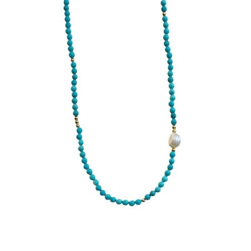 Collier en laiton, avec turquoise & perle d'eau douce cultivée, avec 7CM chaînes de rallonge, fait à la main, pour femme, vert, Longueur Environ 39 cm, Vendu par PC