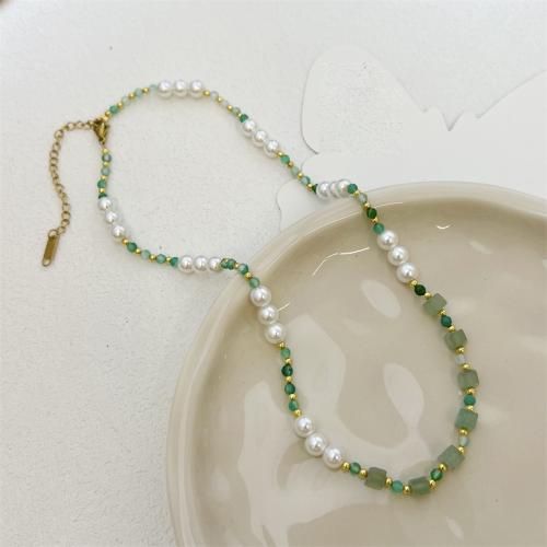 Collana in ottone, with Pietra naturale & perla in vetro, with 6CM extender chain, fatto a mano, per la donna, verde, Lunghezza Appross. 42 cm, Venduto da PC