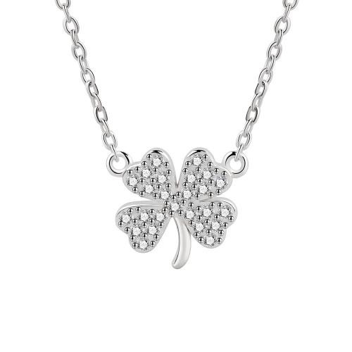 Kubieke Zircon Micro effenen Sterling zilveren ketting, 925 Sterling Zilver, met 5CM extender keten, Four Leaf Clover, micro pave zirconia & voor vrouw, platina kleur, Lengte Ca 39 cm, Verkocht door PC