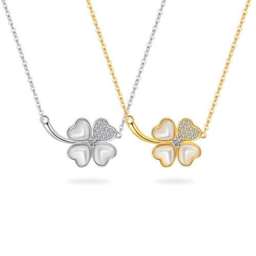 Kubieke Zircon Micro effenen Sterling zilveren ketting, 925 Sterling Zilver, met Schelp, met 6CM extender keten, Four Leaf Clover, micro pave zirconia & voor vrouw, meer kleuren voor de keuze, Lengte Ca 40 cm, Verkocht door PC