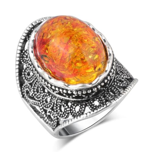 Zinklegering ringen, Zinc Alloy, met Amber, plated, uniseks & verschillende grootte voor keus, zilver, Verkocht door PC