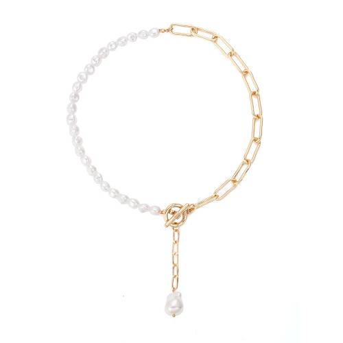 Kunststof parel ketting, Plastic Pearl, met ijzeren ketting, plated, voor vrouw, gouden, Lengte Ca 48 cm, Verkocht door PC