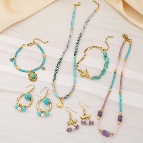 Parures de bijoux en acier inoxydable, Bracelet & boucle d'oreille & collier, Acier inoxydable 304, avec turquoise & coquille, styles différents pour le choix & pour femme, plus de couleurs à choisir, Vendu par PC