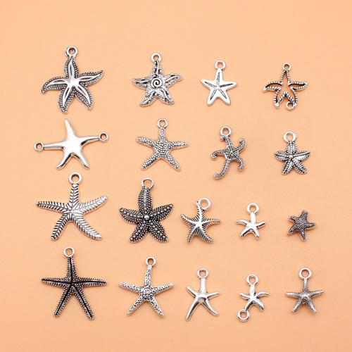 Sinc Alloy Star siogairlín, Starfish, dath airgid antique plátáilte, DIY & 1/1 lúb, 18PC/Mála, Díolta De réir Mála