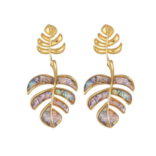 Titanium Steel Drop Earring with Shell Leaf gold color plated fashion jewelry & for woman Sold By Pair