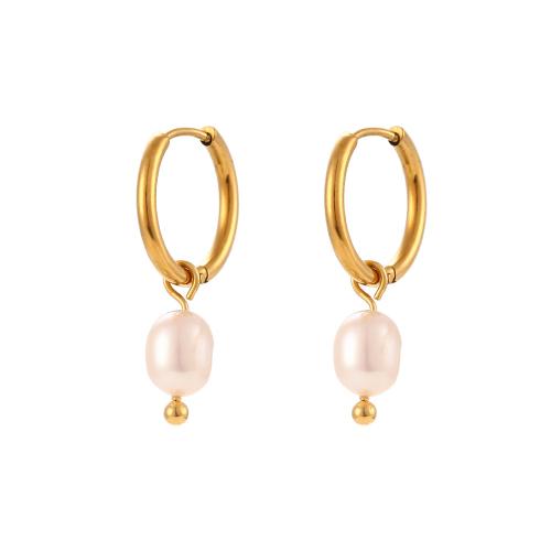 Huggie Hoop Drop Earring 304 Stainless Steel with Freshwater Pearl 18K gold plated fashion jewelry & for woman golden Sold By Pair