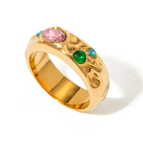 Anillo de dedo del acero inoxidable del Zirconia cúbico, acero inoxidable 304, 18K chapado en oro, Joyería & micro arcilla de zirconia cúbica & para mujer, dorado, Vendido por UD