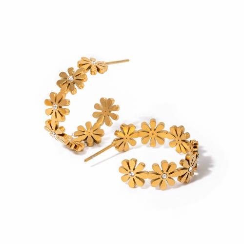 Stainless Steel Stud Earrings 304 Stainless Steel with Rhinestone & Plastic Pearl Daisy 18K gold plated fashion jewelry & for woman golden Sold By Pair