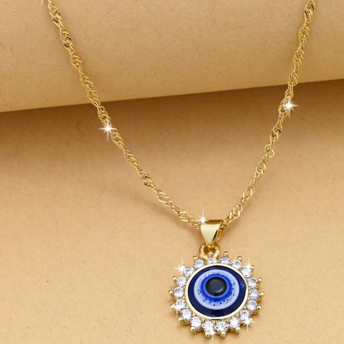 Evil Eye Smycken Collier, Mässing, guldfärg pläterade, onda ögat mönster & micro bana cubic zirconia & för kvinna, blå, nickel, bly och kadmium gratis, Längd 44 cm, Säljs av PC