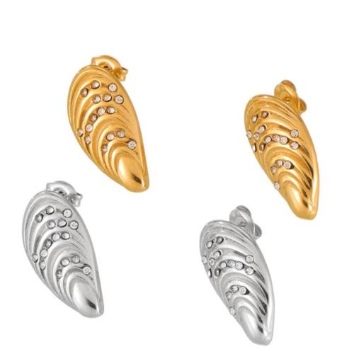 Roestvrij staal Stud Earrings, 304 roestvrij staal, Schelp, plated, mode sieraden & voor vrouw & met strass, meer kleuren voor de keuze, Verkocht door pair