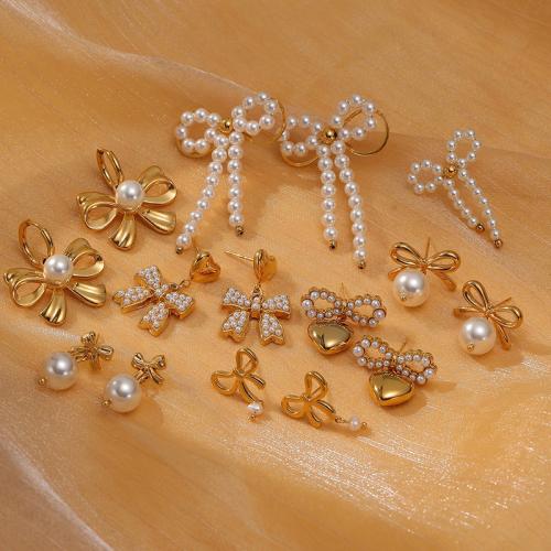 Roestvrij staal Stud Earrings, 304 roestvrij staal, met Plastic Pearl, plated, verschillende stijlen voor de keuze & voor vrouw, gouden, Verkocht door pair