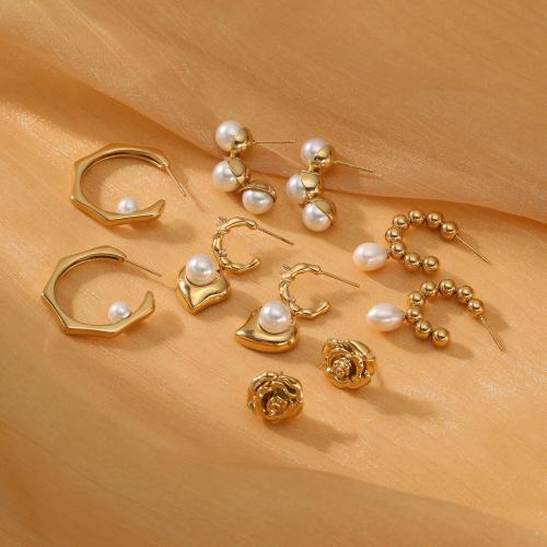 Roestvrij staal Stud Earrings, 304 roestvrij staal, met Plastic Pearl, plated, verschillende stijlen voor de keuze & voor vrouw, meer kleuren voor de keuze, Verkocht door pair