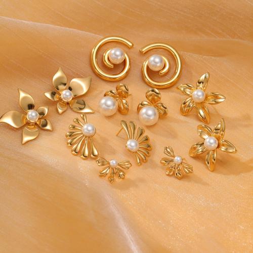 Roestvrij staal Stud Earrings, 304 roestvrij staal, met Plastic Pearl, plated, verschillende stijlen voor de keuze & voor vrouw, gouden, Verkocht door pair