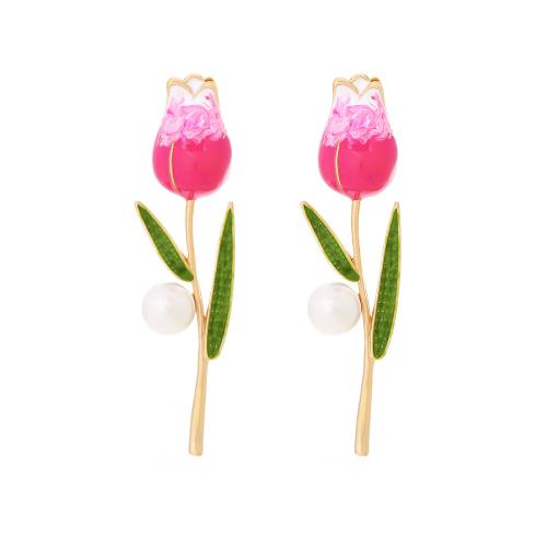 Zinc Alloy Stud Earring with Plastic Pearl plated for woman & enamel golden Sold By Pair