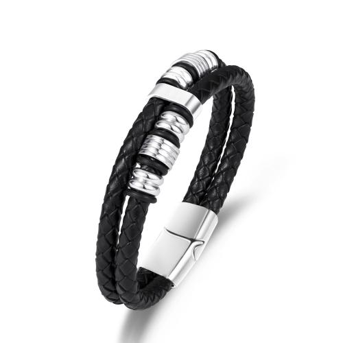 Lædersnor armbånd, Zinc Alloy, med lædersnor & 304 rustfrit stål, Dobbelt lag & for mennesket, sort, Længde 21 cm, Solgt af PC