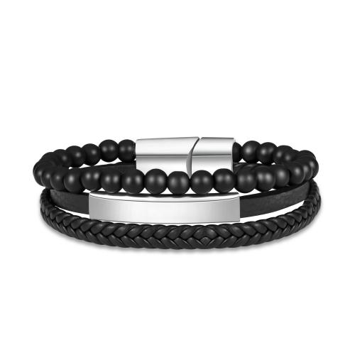 Bracelet cordon en cuir, alliage de zinc, avec Abrazine Stone & cordon en cuir & Acier inoxydable 304, trois couches & pour homme, noire, Longueur 21 cm, Vendu par PC