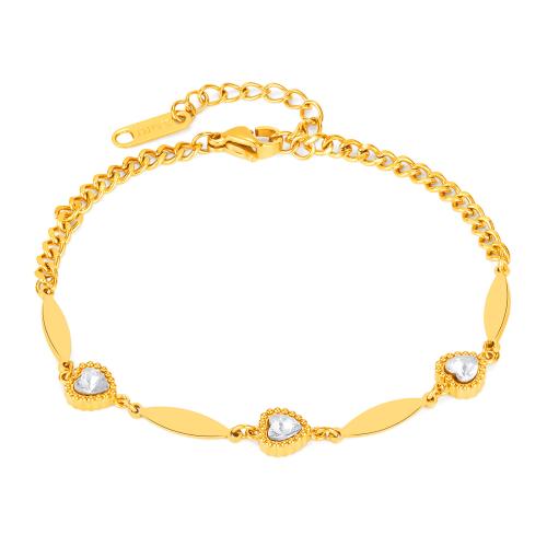 Bracciale gioielli in acciaio inossidabile, 304 acciaio inox, with cubico zircone, with 4.5cm extender chain, Cuore, per la donna, Lunghezza 17.5 cm, Venduto da PC