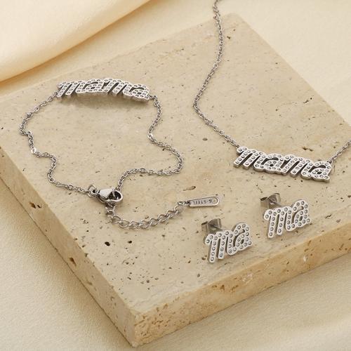 Rhinestone Stainless Steel Jewelry Set Stud Earring & bracelet & necklace 304 Stainless Steel Alphabet Letter Vacuum Ion Plating & for woman & with rhinestone Sold By PC